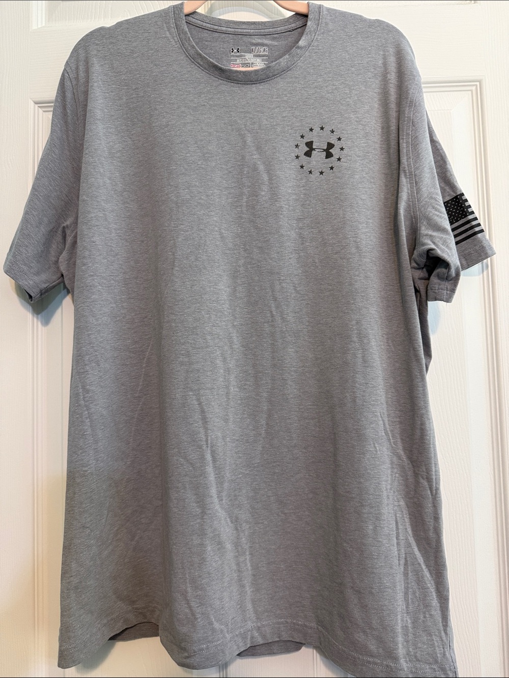 Under Armour Freedom Grey Short Sleeve Logo Tee with Flag Sleeve Accent